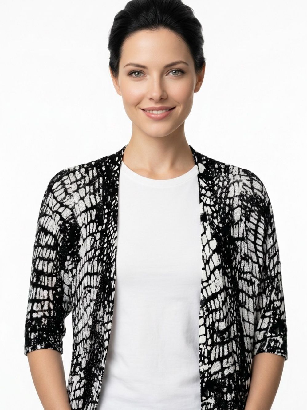 LAFAYETTE 148 Black & White Open-Front Patterned Sweater Cardigan Women’s Size S